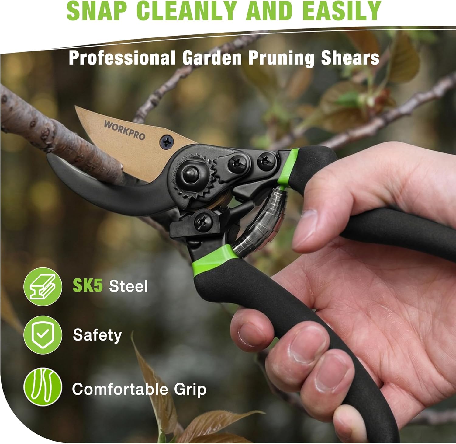 8.5" Bypass Pruning Shears, Die-cast Aluminum Handle, Garden Shears with Sharp SK5 Blade, Garden Clippers, Hand