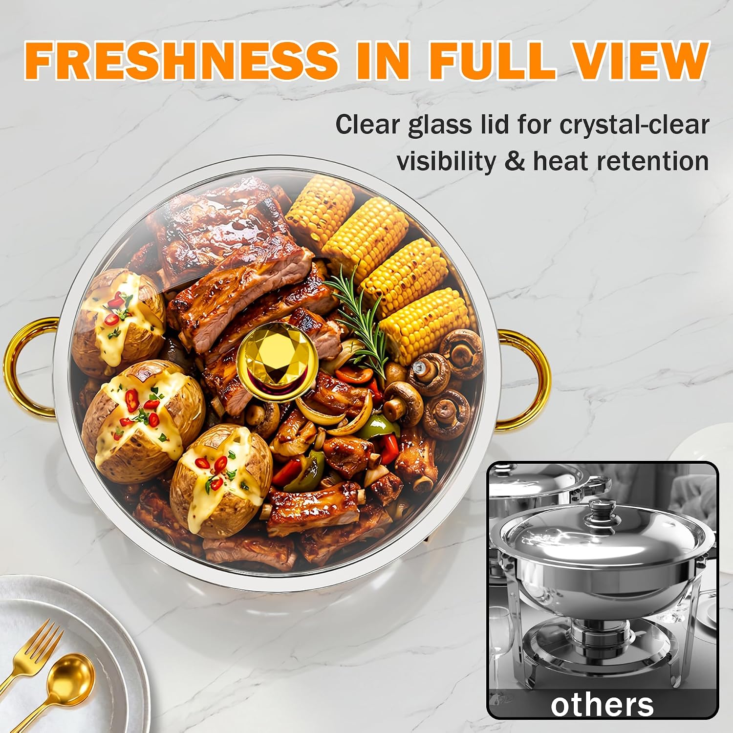 Chafing Dishes for Buffet with Glass Lid & Rolled-Edge 4 Pack 5QT, Gold | Stainless Steel Round Chafing Dish Set