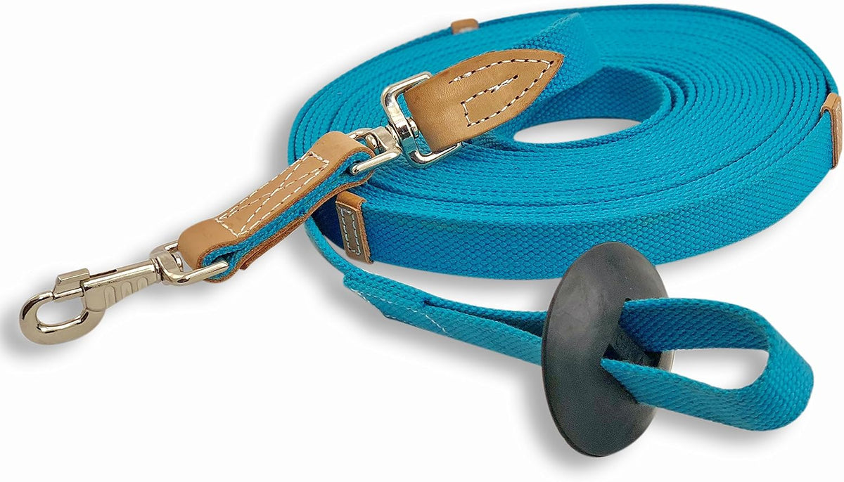 35' Flat Cotton Web Lunge Line with Bolt Snap & Rubber Stop - By Southwestern Equine (35', Turquoise)