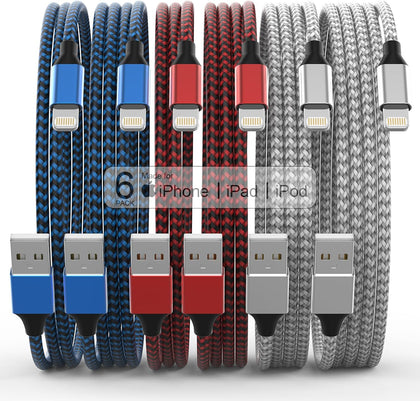 [Apple MFi Certified] 6Pack 3/3/6/6/6/10 FT iPhone Charger Nylon Braided Fast Charging Lightning Cable Compatible