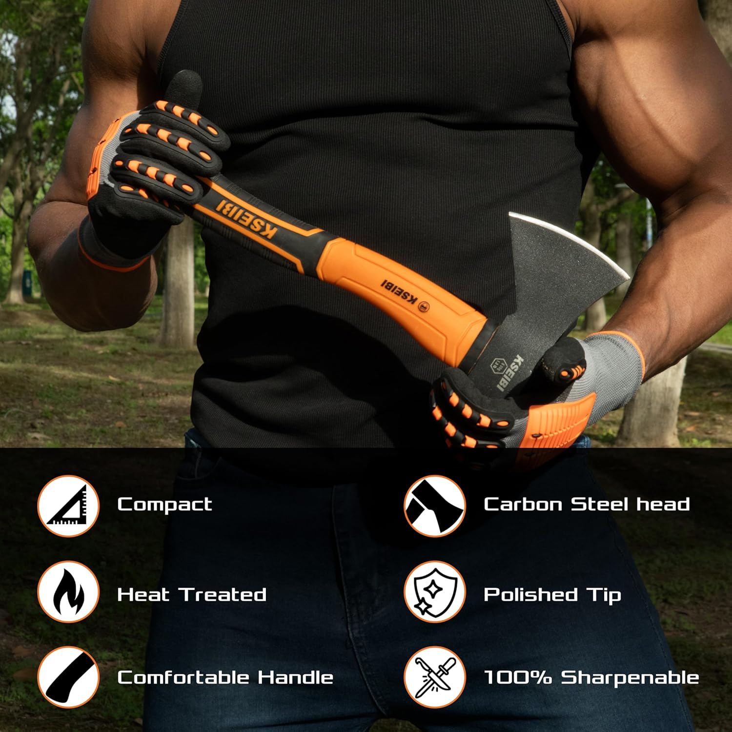 Wood Axe, Small Outdoor Camp Hatchet for Splitting and Kindling Wood, Forged Steel Blade with Anti-Slip and Shock