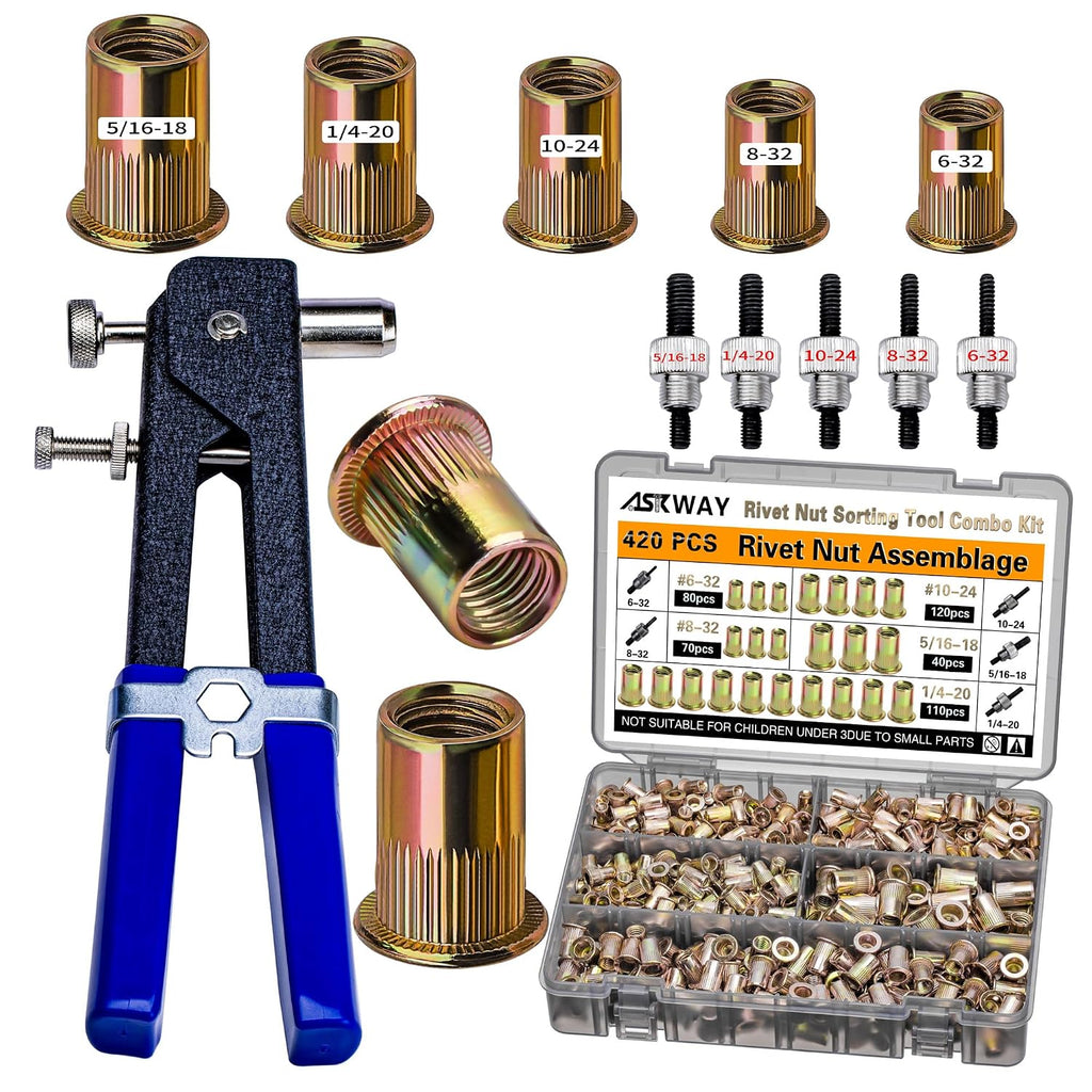 ASKWAY SAE Pressure Rivet Nut Tool Kit 420pcs, SAE Thread Rivet Nuts Kit