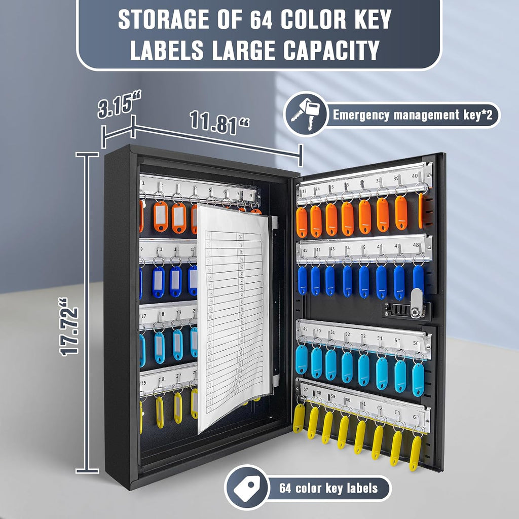 Key Cabinets, Key Organizer Box(64 Keys),Key Cabinet Wall Mount, Key Lock Box Wall Mount for Hotels Offices Property