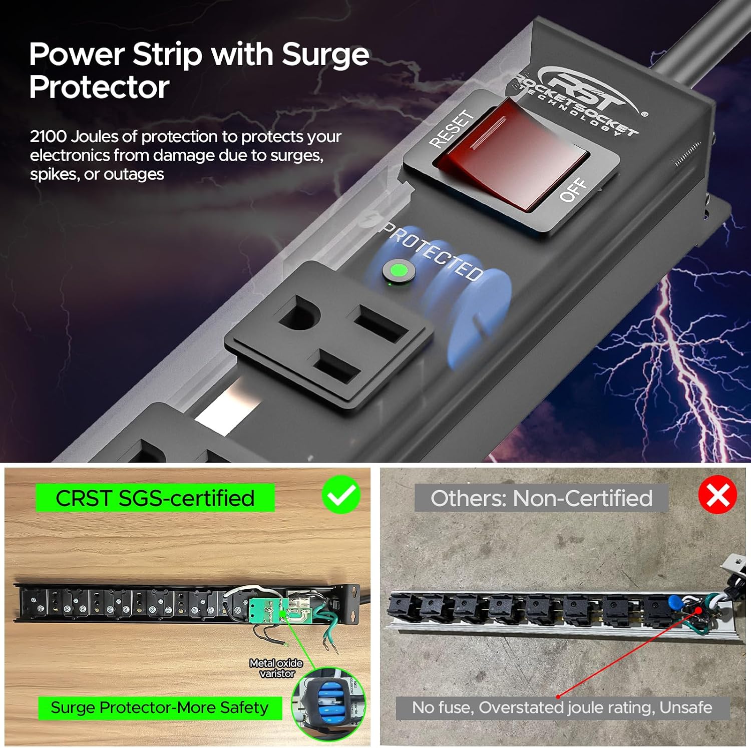 8 Outlet Metal Heavy Duty Power Strip, 15A/1875W | 2100J Surge Protector with 6FT Cord, Wide Spaced Mountable