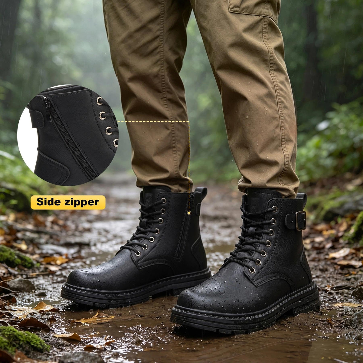 Steel Toe Work Boots for Men, Black Construction Boots, Men Size 10.5