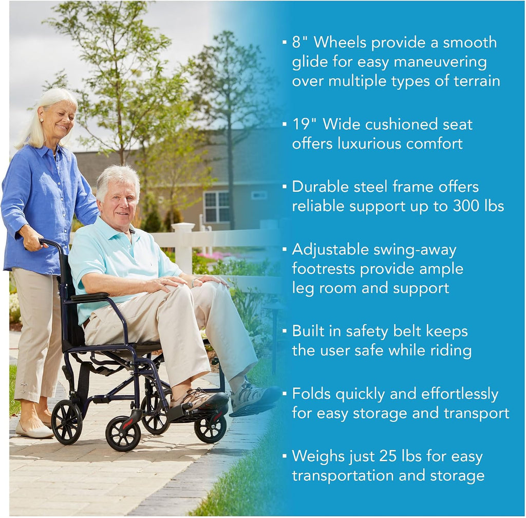 Transport Wheelchair With 19 inch Seat, Folding Transport Chair with Foot Rests, Foldable Lightweight Wheelchair