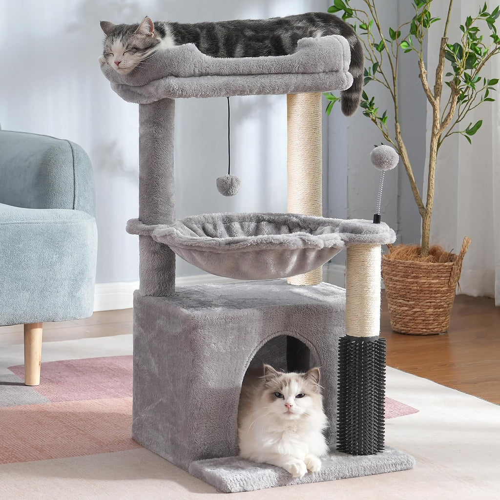 Cat Tree 32 Inches Small Cat Tower with Large Hammock Dia 15.7”,Self Groomer, Fully Scratching Post, Removable Top