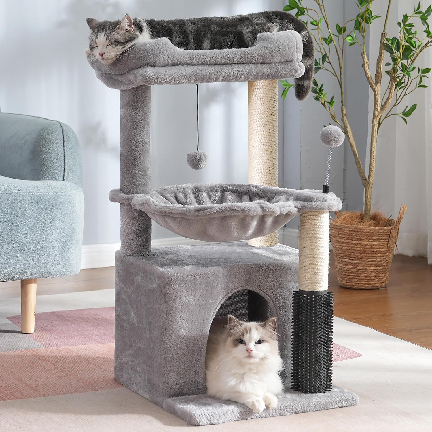 Cat Tree 32 Inches Small Cat Tower with Large Hammock Dia 15.7”,Self Groomer, Fully Scratching Post, Removable Top