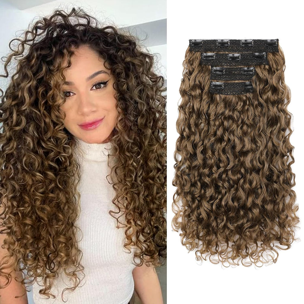 Curly Hair Extensions - 4PCS 18" GoGo Clip in Hair Extensions 100% Super Protein Hairpieces with Invisible Lace Weft