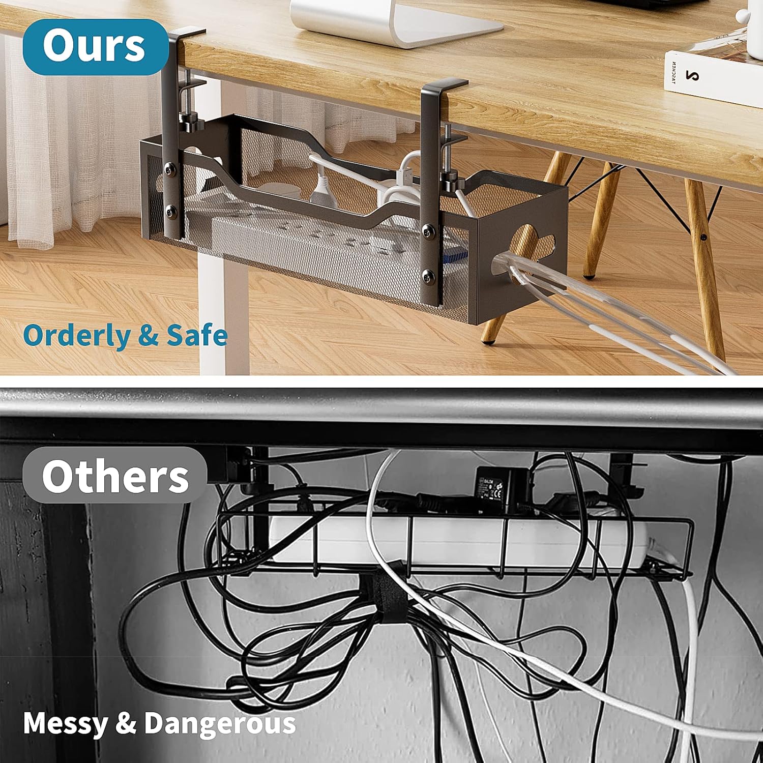 Under Desk Cable Management Tray No Drill, Metal Mesh Cable Management Under Desk with Clamp Mount, 2 Hole Cable Tray