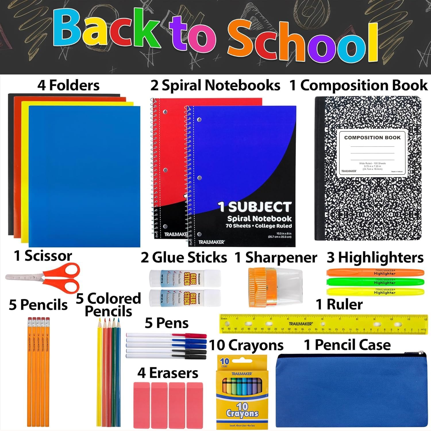 School Supplies Kit 45 Piece School Supply Kit Grades K-12 – Back to School Essentials Includes Folders Notebooks