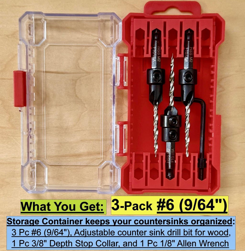 FTG USA 3-Pk #6 (9/64") Countersink Drill Bit Set, 1 Stop, 1 Wrench & Case