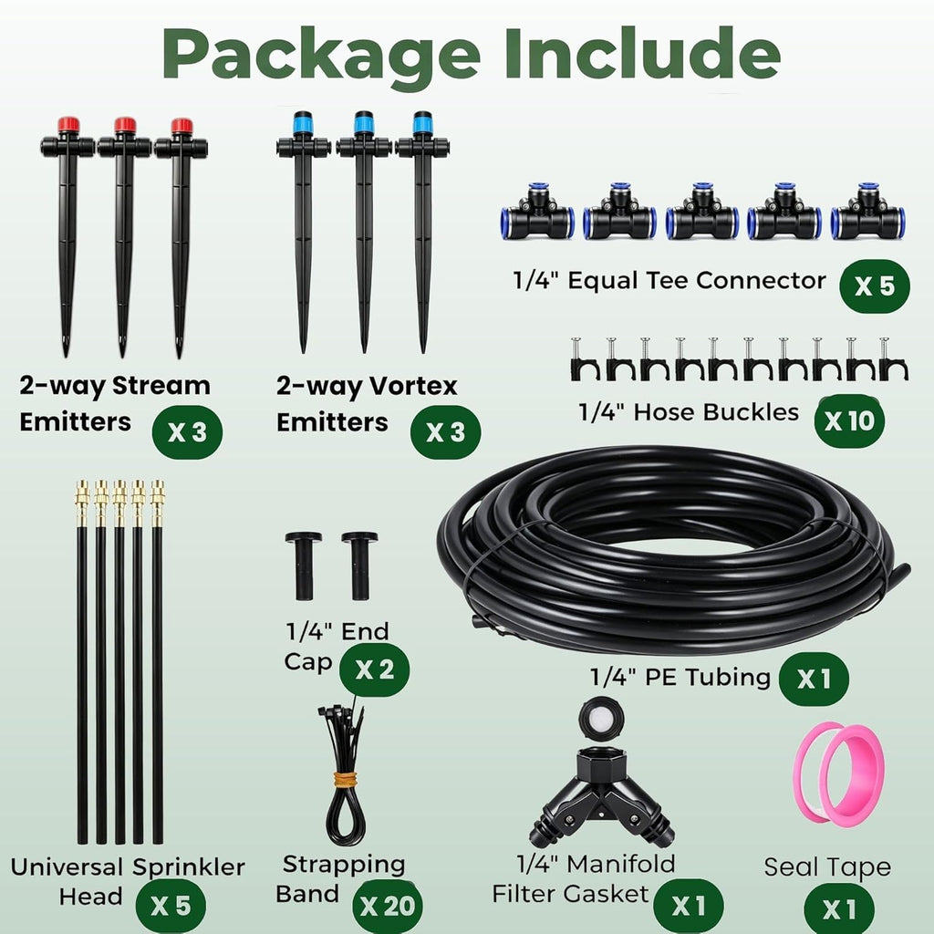 50FT Drip Irrigation System for Starter: Small Garden Quick Connect 1/4" PE Water Tubing Automatic 11Pcs Sprinkler