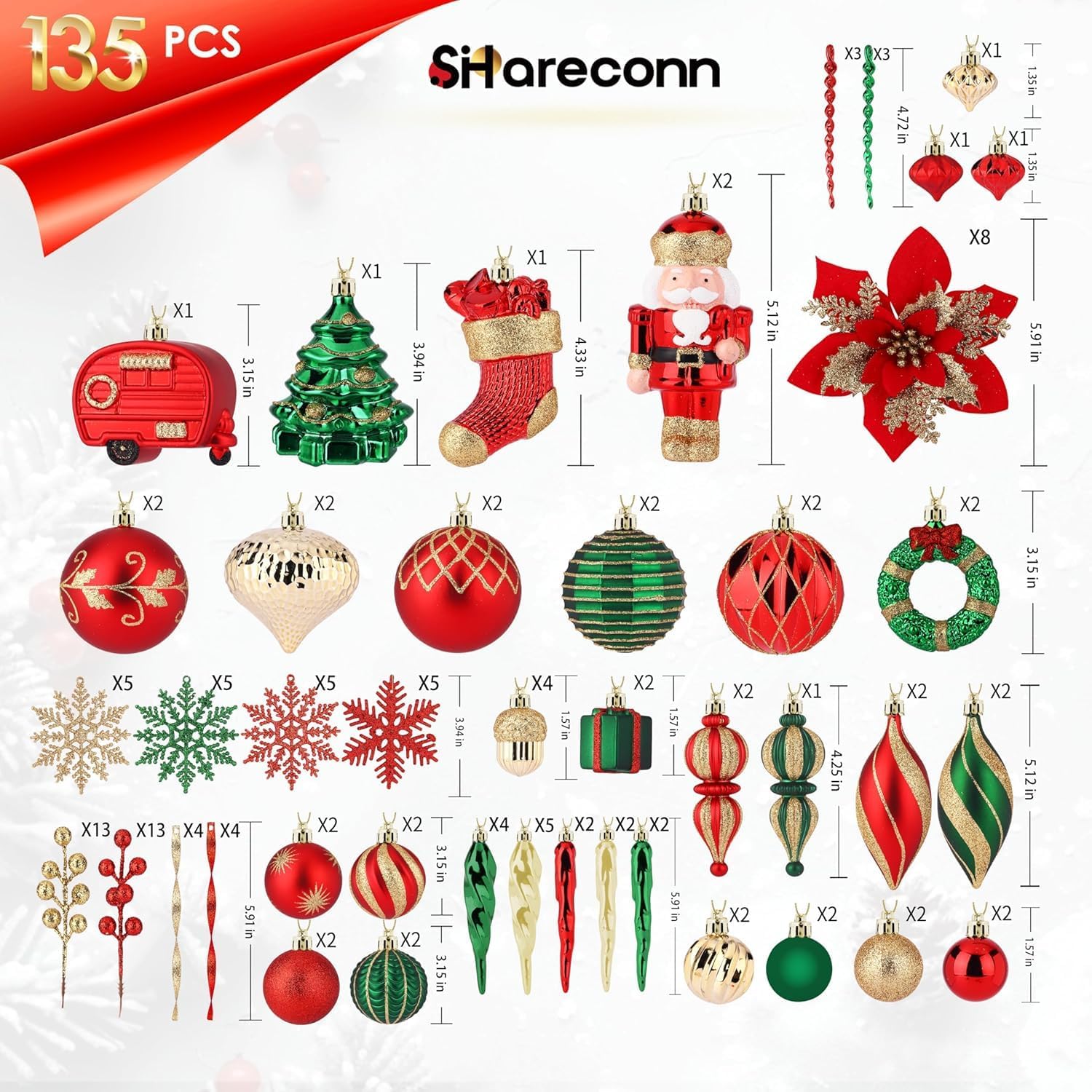 135pcs Christmas Balls Ornaments Set, Shatterproof Plastic Baubles, Ribbon and Tree Topper for Xmas Tree Holiday