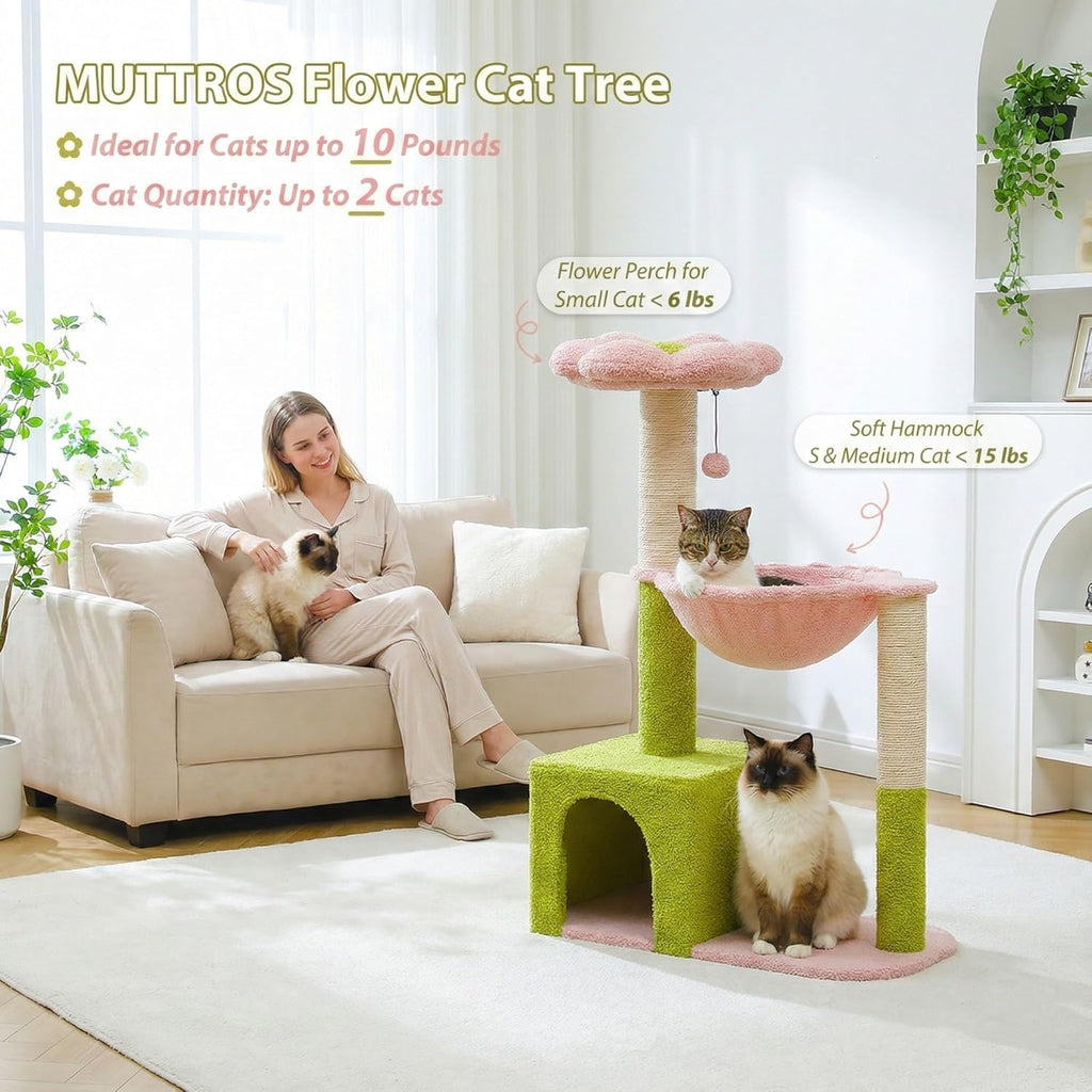 Flower Cat Tree with Large Metal Frame Hammock, 35" Cute Cat Tower with Sisal Scratching Posts for Small Indoor Cats