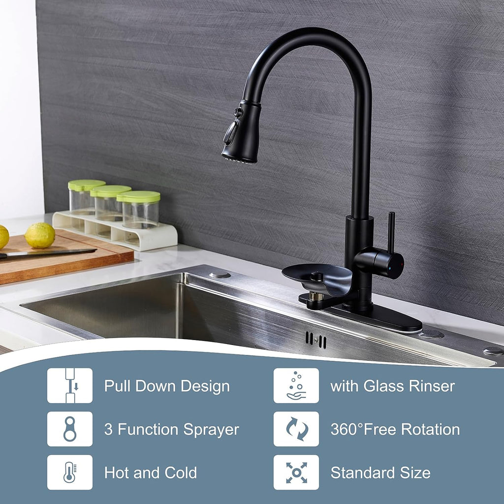Matte Black Kitchen Faucet with Glass Rinser, Pull Down Sprayer with 3 Water Modes, Single Handle Stainless Steel