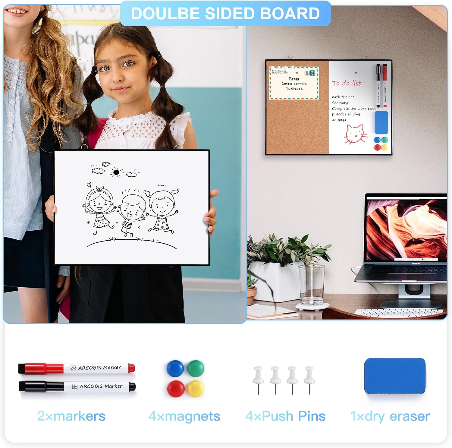 Cork Board White Board Combo, 12"X16" Small Bulletin Board for Wall, Double-Sided Magnetic Dry Erase Corkboard