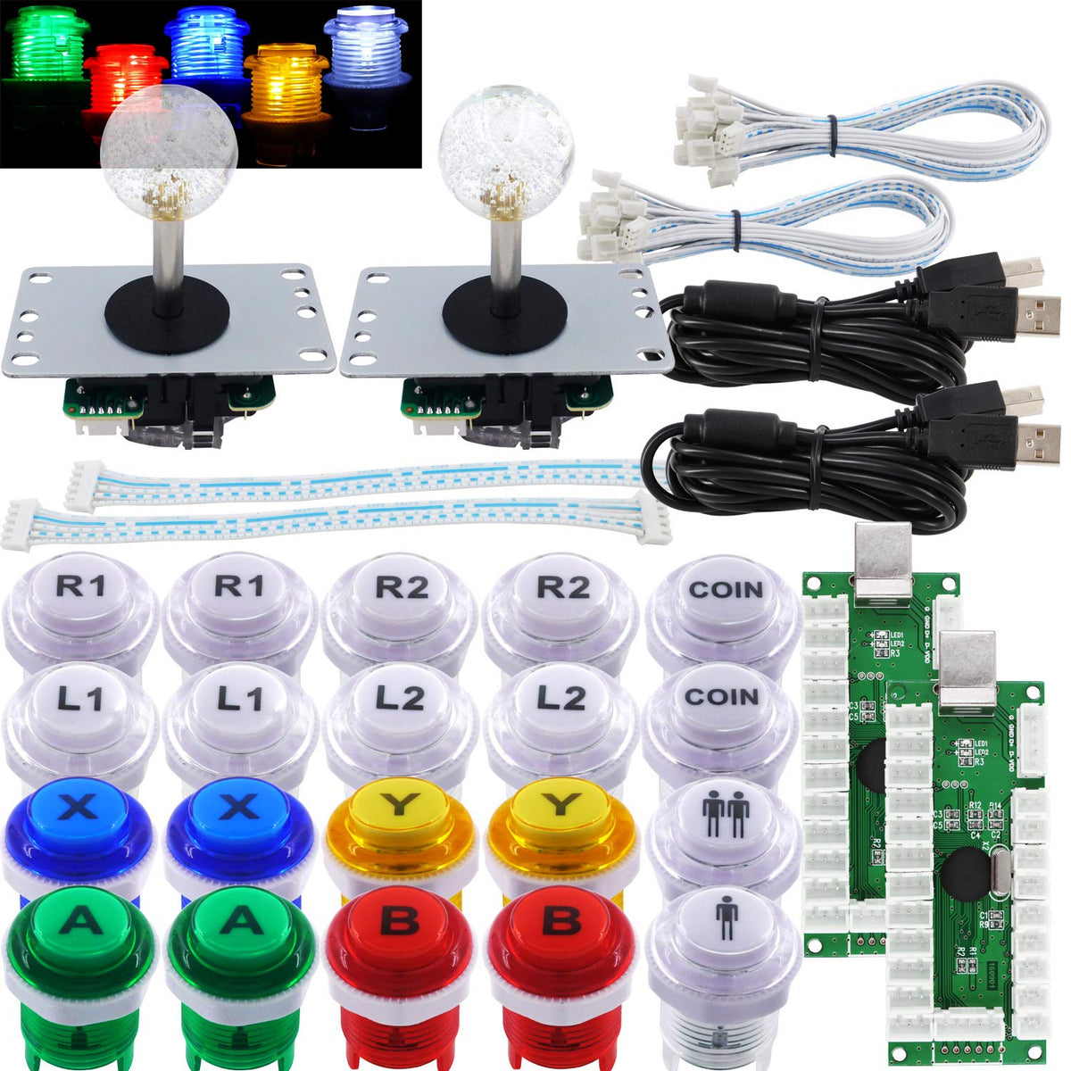 Arcade 2 Player Game Controller Stick DIY Kit LED Buttons with Logo MX Microswitch 8 Way Joystick USB Encoder Cable