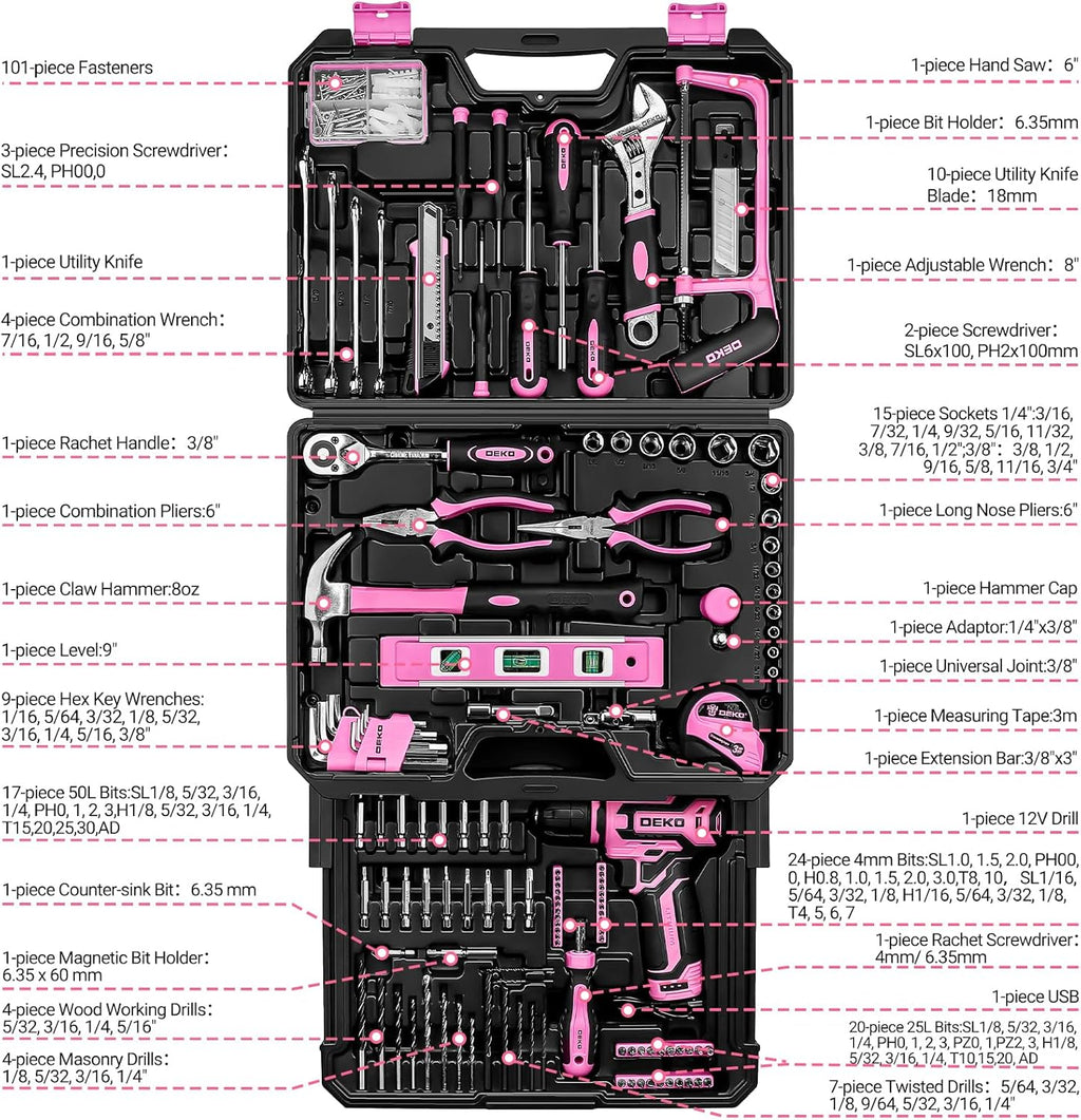 Pink Tool Kit Box Drill Set：DEKOPRO Home Mechanic Toolbox with 12V Power Cordless Drill Hand Repair Tools Sets Combo