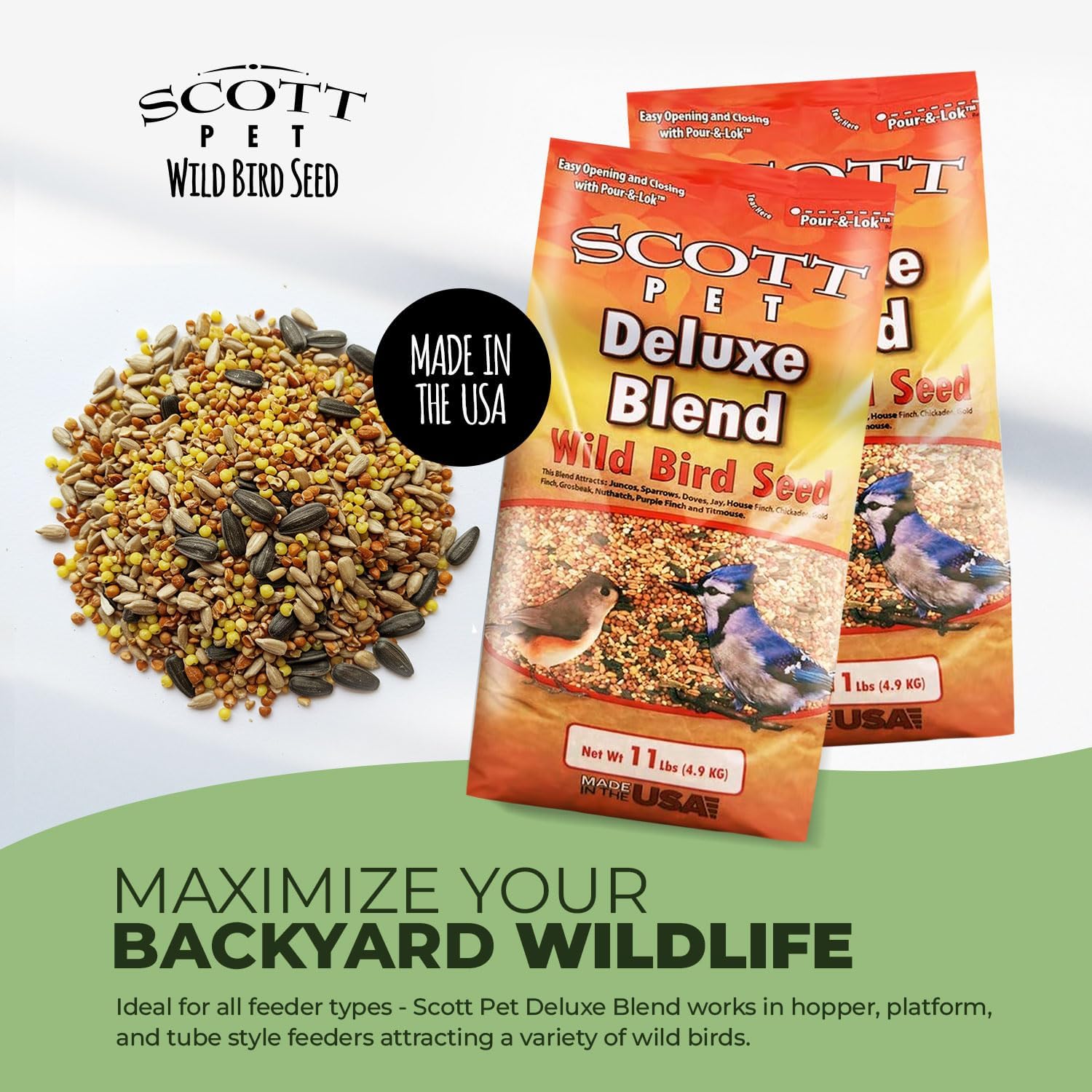 Wild Bird Seed, Deluxe Blend, 11lb, High Protein & Fiber | No dust. Attracts Juncos, Jays, Finches, Grosbeaks