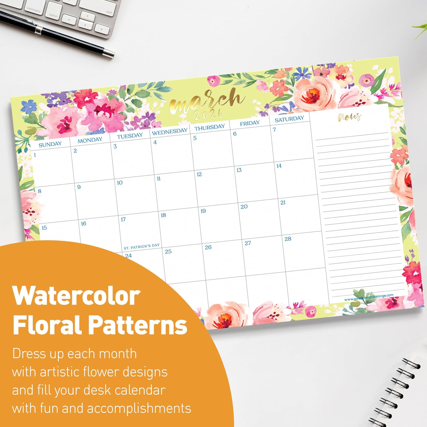 S&O Watercolor Floral Large Desk Calendar from January 2026 to June 2027 - Tear-Away Table Calendar 2026-2027
