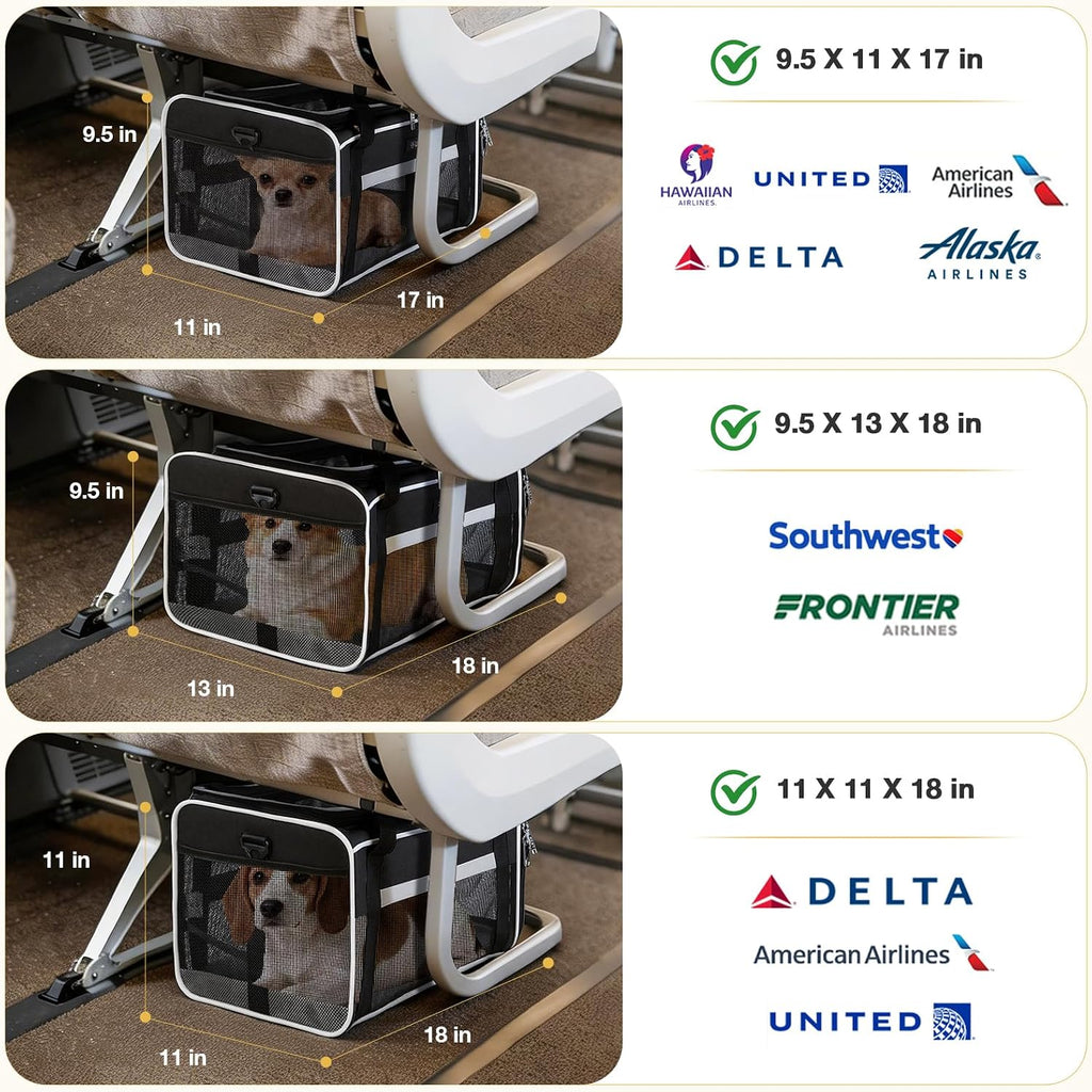 Top-Expandable Pet Carrier 18x11x11Inch Delta American United Airline Approved Soft Sided Underseat to 15lbs Travel