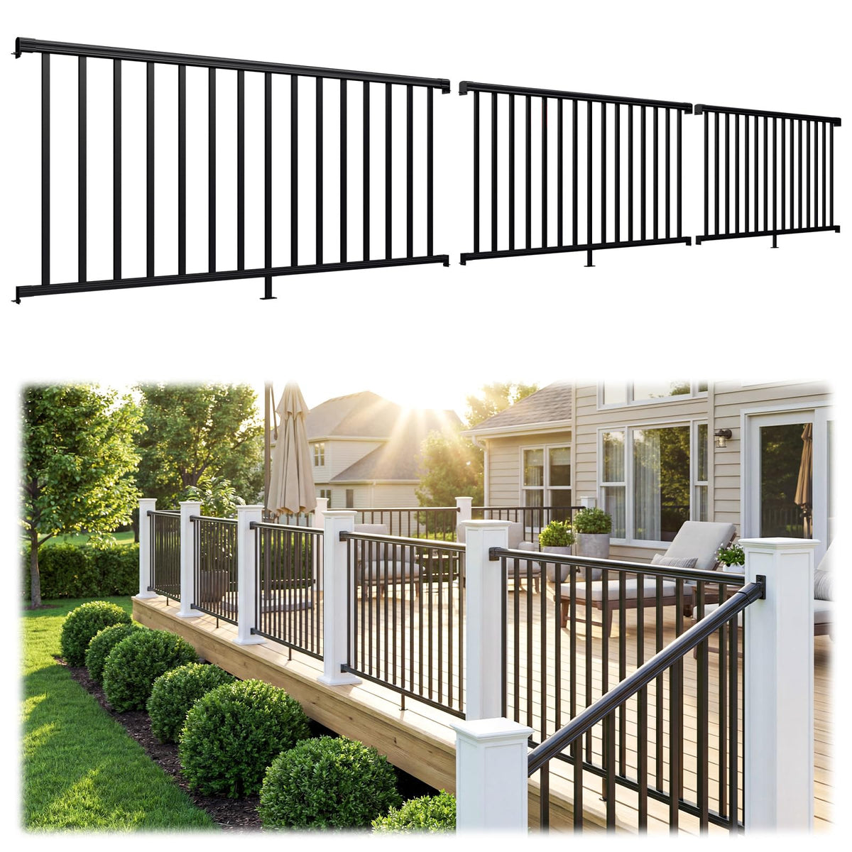 3 Pack 36 in x 6 ft Aluminum Porch and Deck Railing Kit Without Post