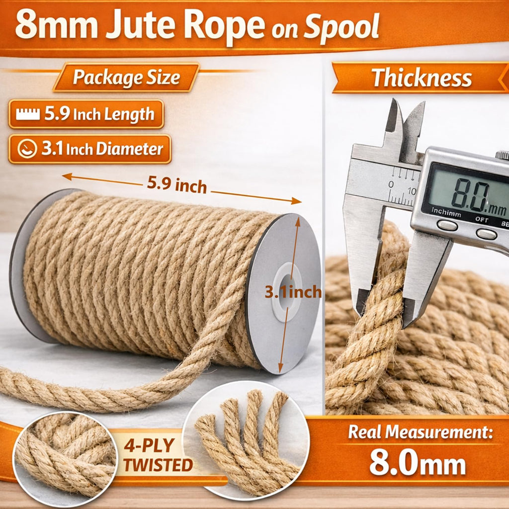 Thick Jute Twine, 8mm x 50FT Heavy Duty for Cat Scratching Posts