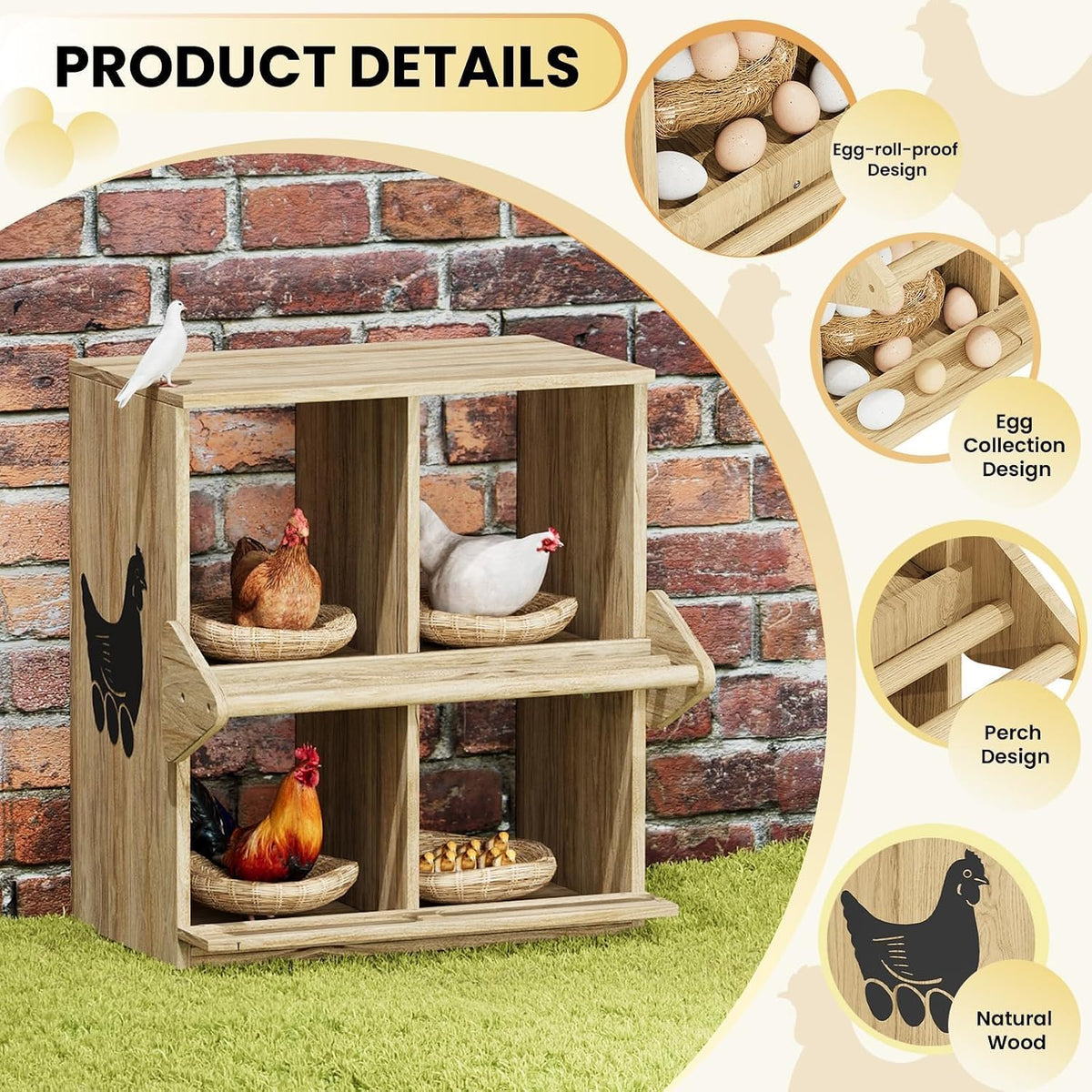 Chicken Nesting Box, 4 Compartment Wooden Nesting Boxes for Chickens with Perches, Floor/Stand/Wall Mount Large