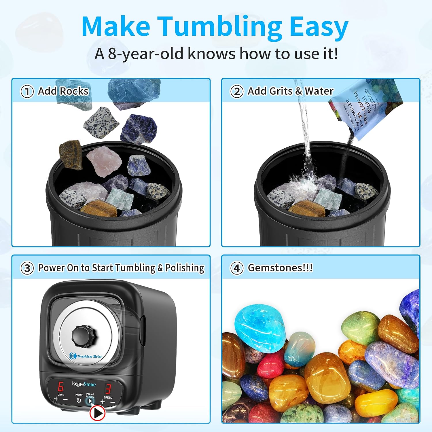 K2 Ultra Quiet Rock Tumbler Kit - 3LB Professional Rock Polisher | Quiet Brushless Motor, Up to 6X Noise Reduction