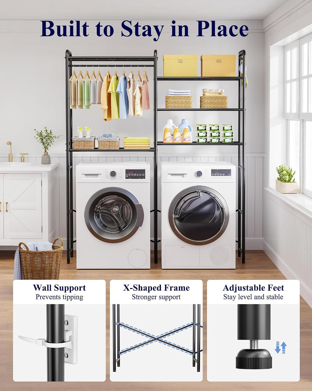 Laundry Room Shelves - Multi-Functional Over Washer and Dryer Shelves with Hanging Bar & Removable Hooks