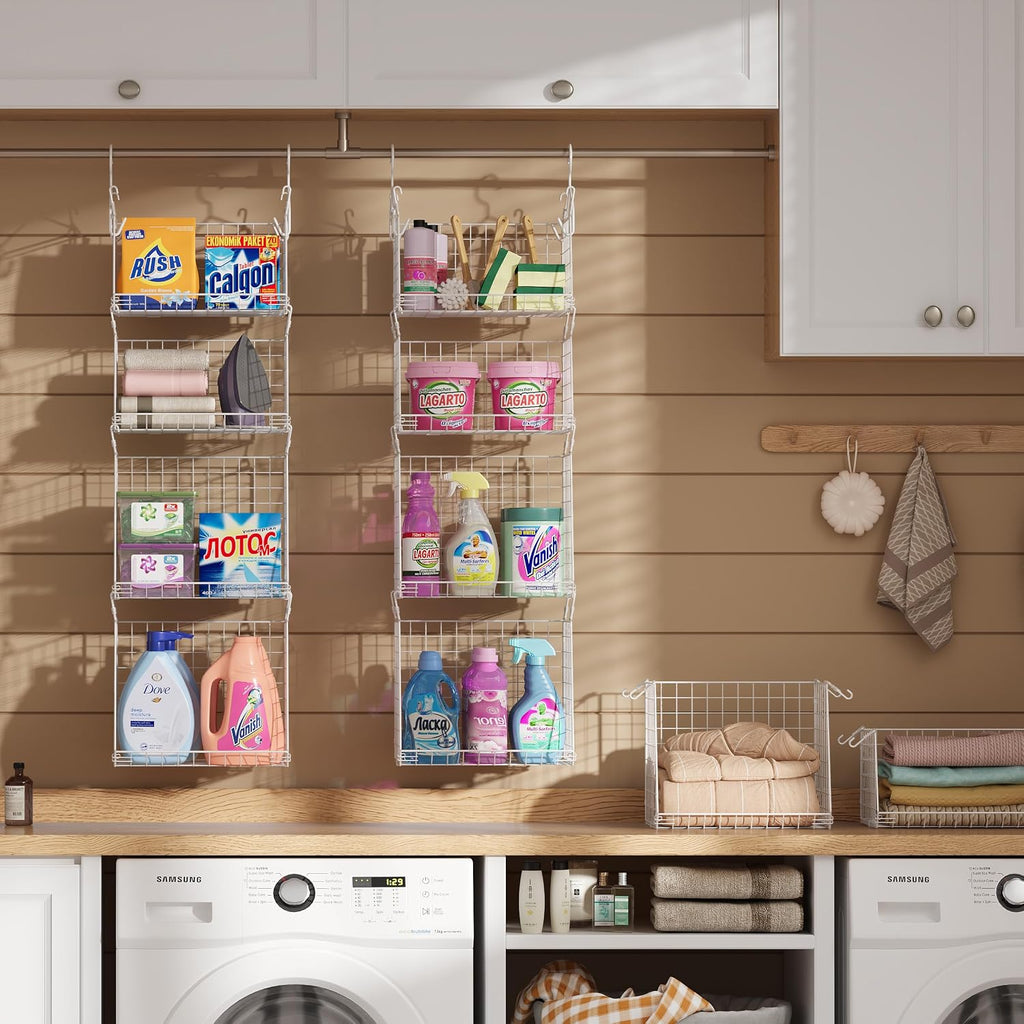 4-Tier Hanging Laundry Room Organizer: Foldable Wire Shelf Basket with 2 Large Hooks 1.65" & 360°Rotating Hooks –