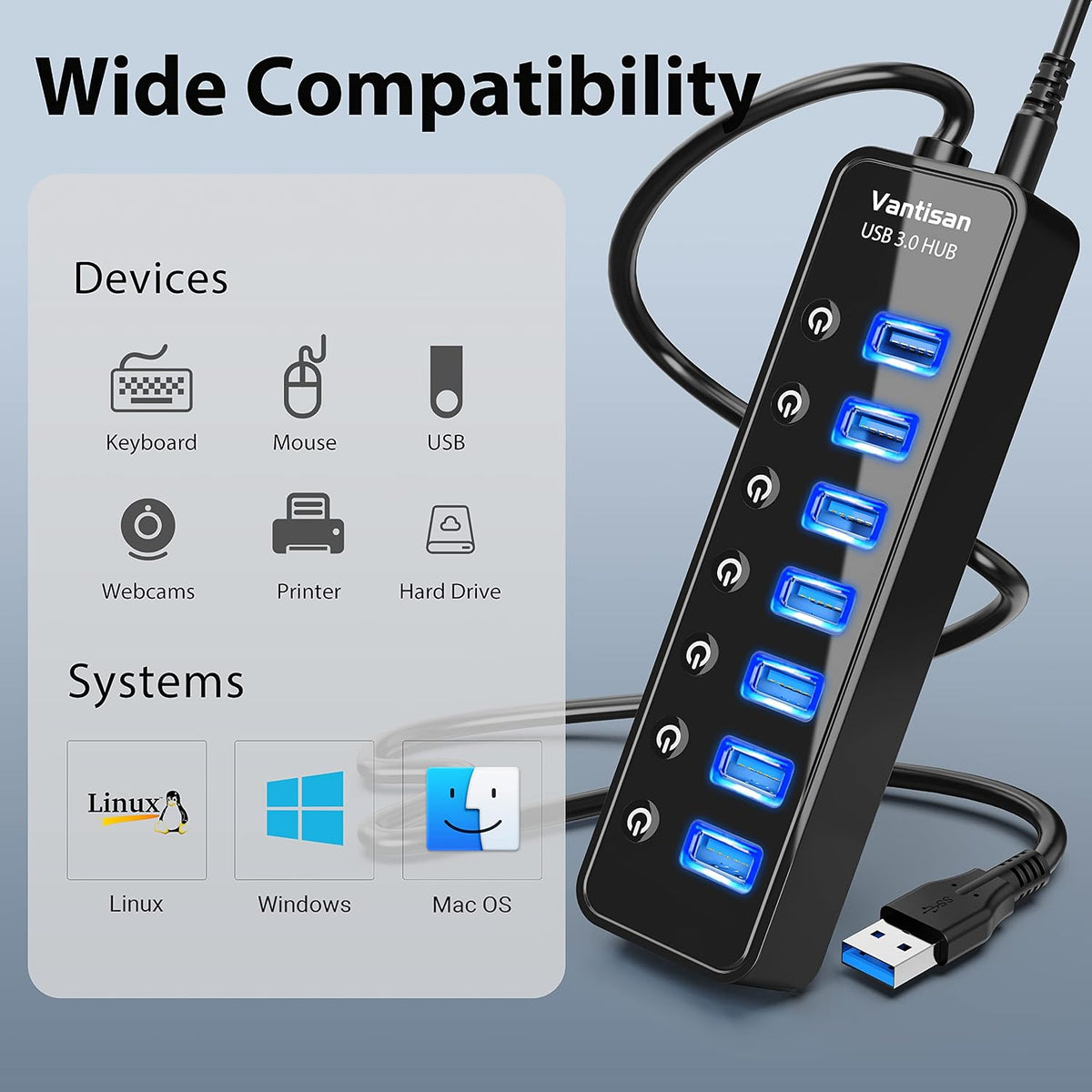 USB Hub 3.0 Powered, 7 Ports USB Data Hub Splitter with One Smart Charging Port and 5V/4A Powered Adapter and ON/Off