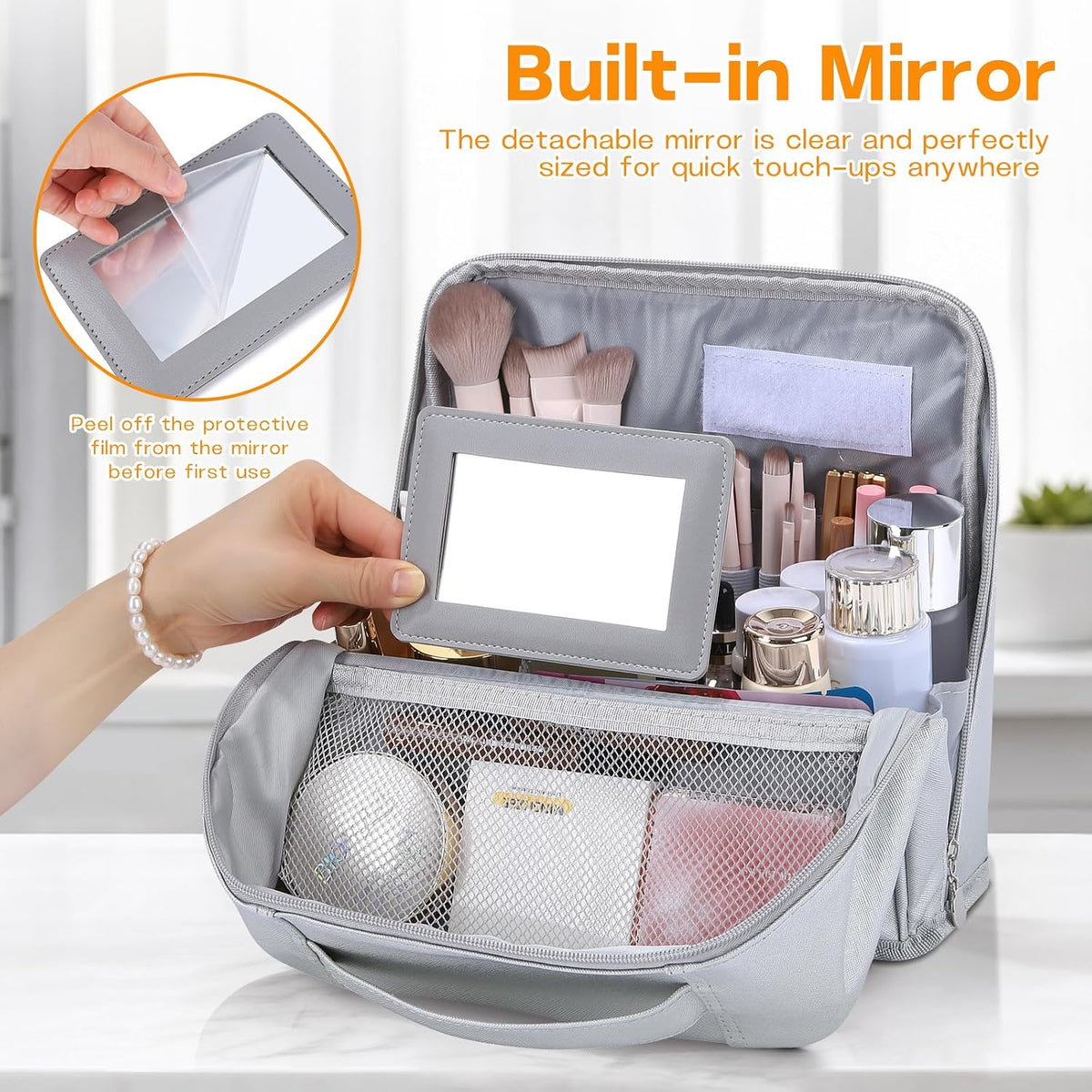 Women Large Leather Cosmetic Bag Travel Stand Makeup bag, silver