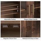 64" Sideboard Buffet Cabinet with Arched Glass Doors,Dark Walnut
