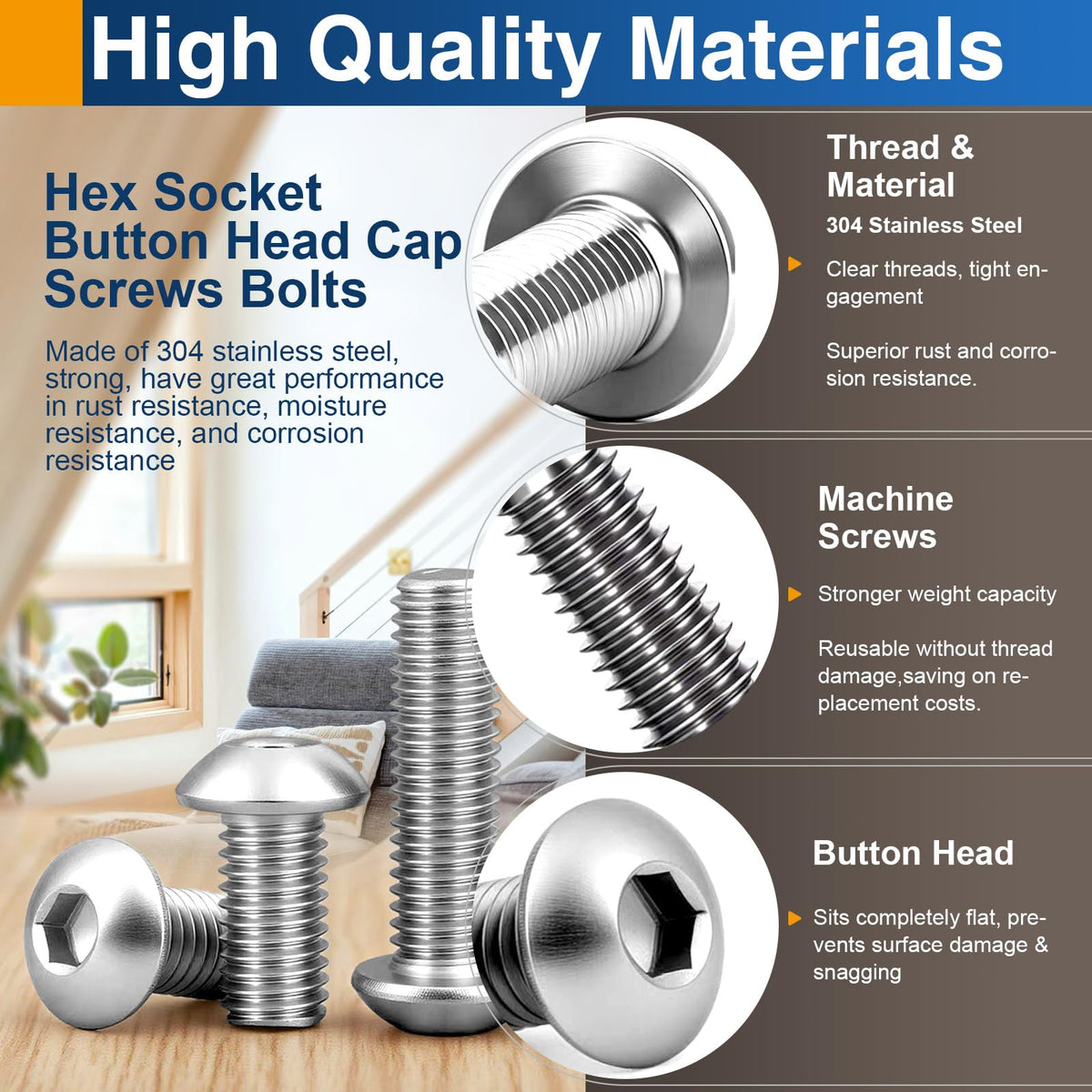 25PCS M6x10 Button Head Socket Cap Screws, 304 Stainless Steel