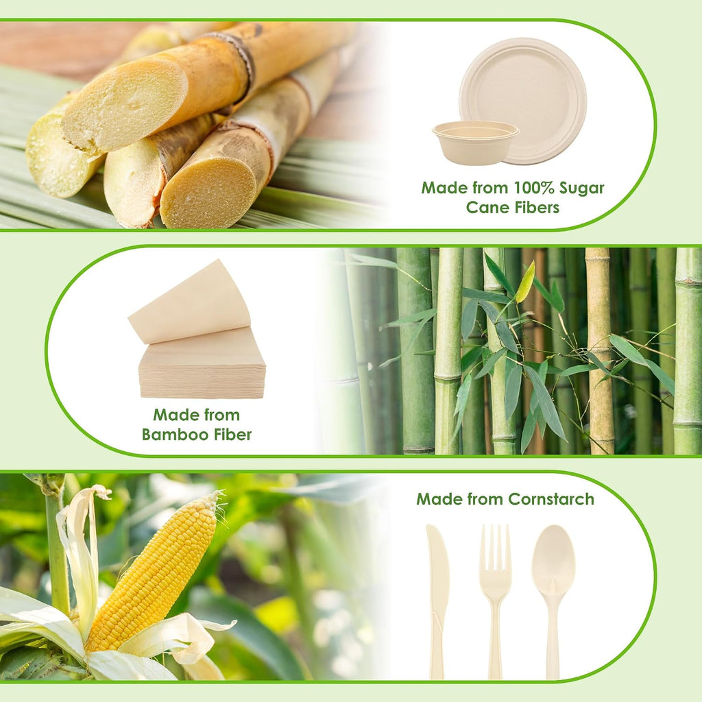 Disposable Paper Plates Set 300PCS Compostable Sugarcane Plates, Bowls