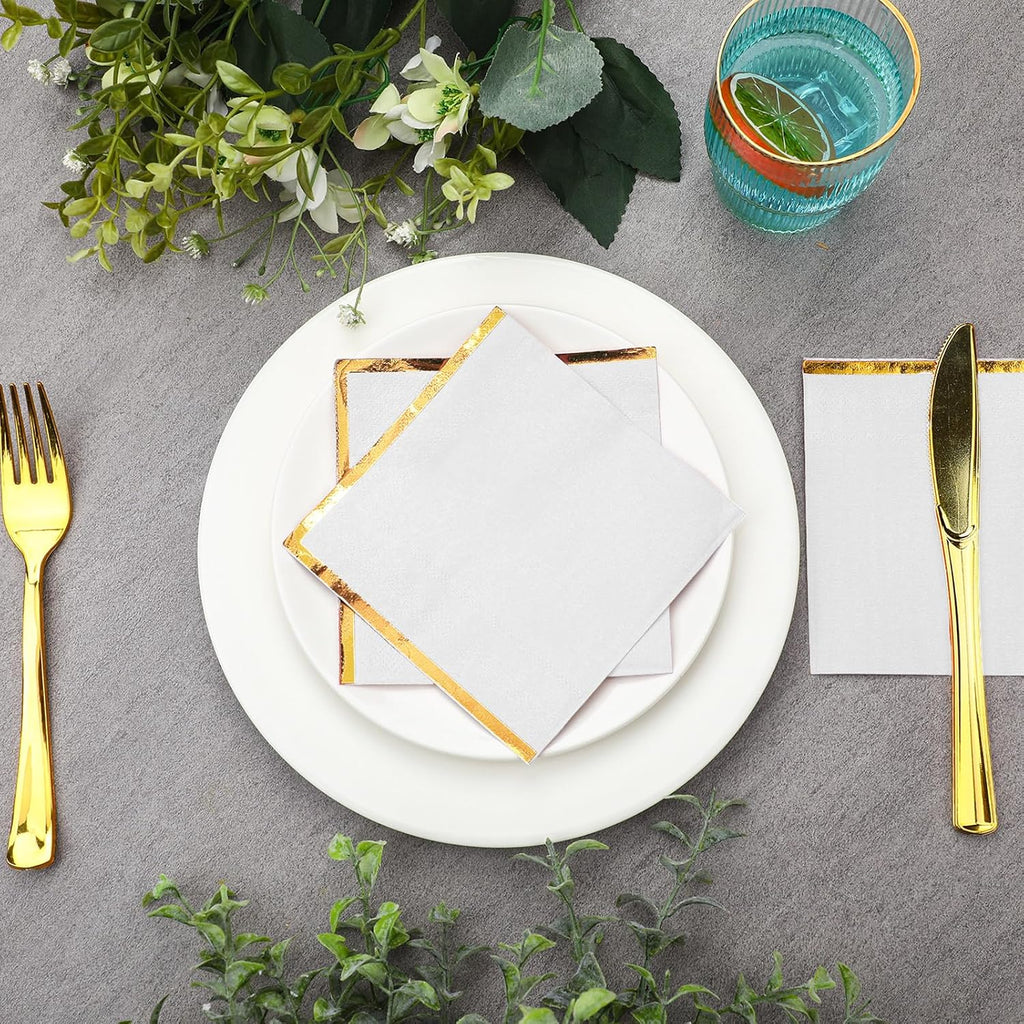 100 Pack 2 Ply Cocktail Napkins Gold Foil Edge 5x5 In,White