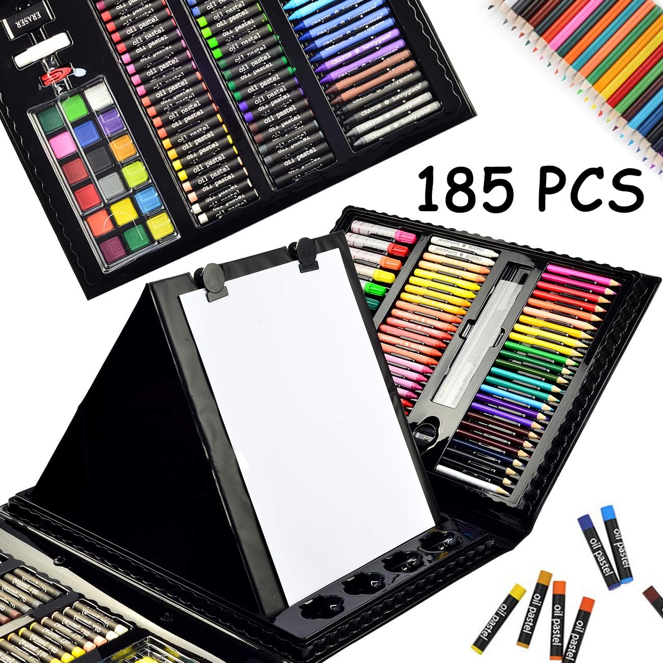 185 Pieces Double Sided Trifold Easel Art Set, Drawing Art Box with Oil Pastels, Crayons, Colored Pencils, Markers