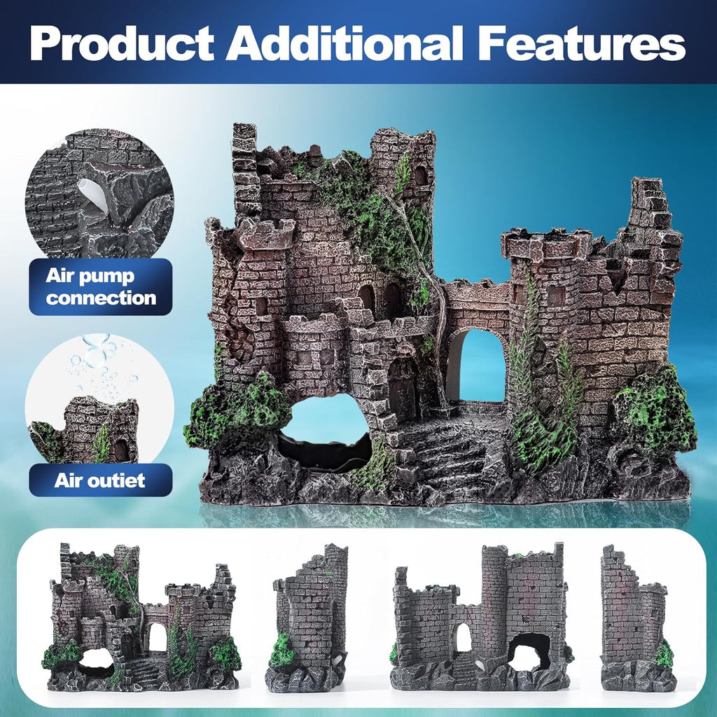 14 Pcs Aquarium Decorations Large Kit，Castle Fish Tank Bubbler Decorations，Starfish Barrel, Resin Cave Rock,Resin