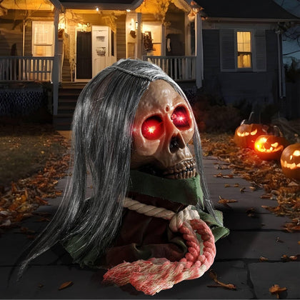 Halloween Animatronic Decorations,Creepy Moving Skeleton Prop with Sounds and Flashing Red Eyes,Voice-Activated