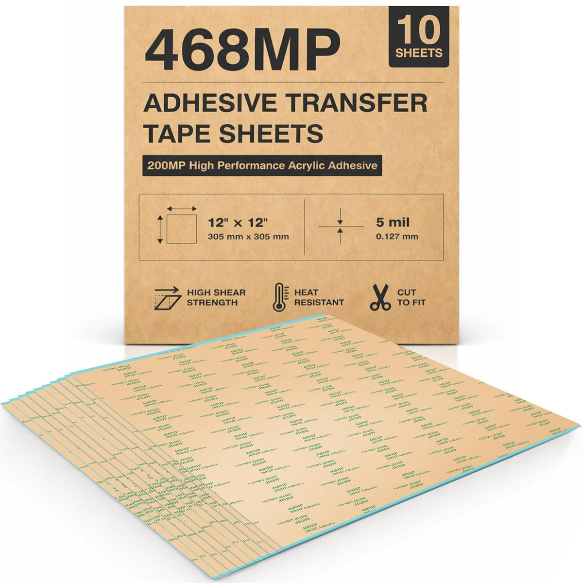 468MP Double Sided Adhesive Transfer Tape Sheets, 12" x 12", 10 Pack