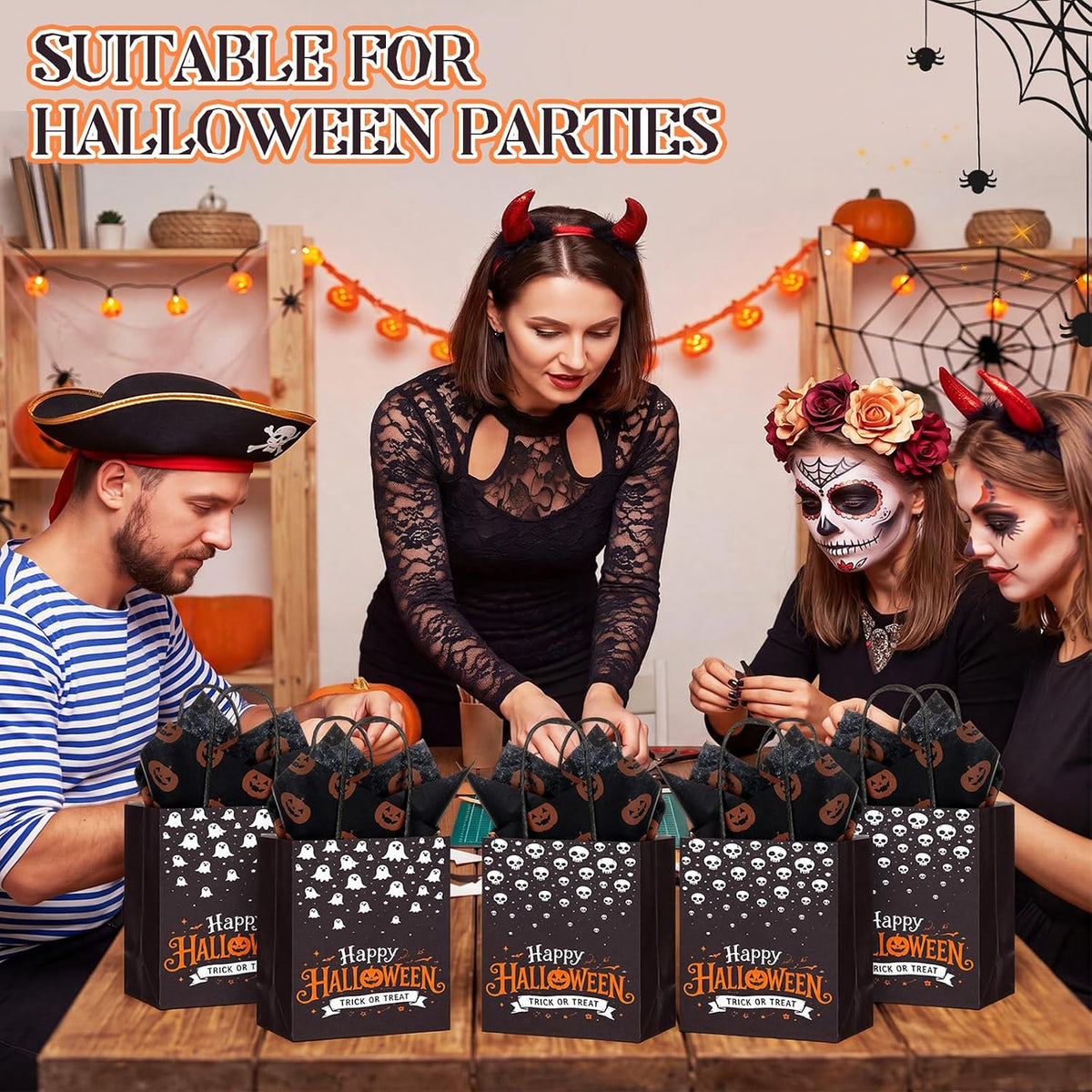 30 Pack Halloween Kraft Gift Bags with Handles Tissue Papers