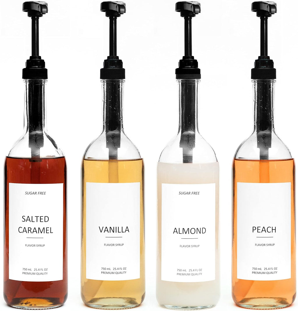 25.4 oz 750 ml Glass Coffee Syrup Dispenser for Coffee Bar - 4 Pack - Comprehensive Label Set & ¼ oz Pumps Included