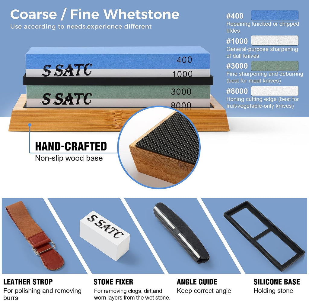Knife Sharpening Stone Whetstone 4 Side Grit 400/1000 3000/8000 Stone Knife Sharpeners with Nonslip Rubber Bases