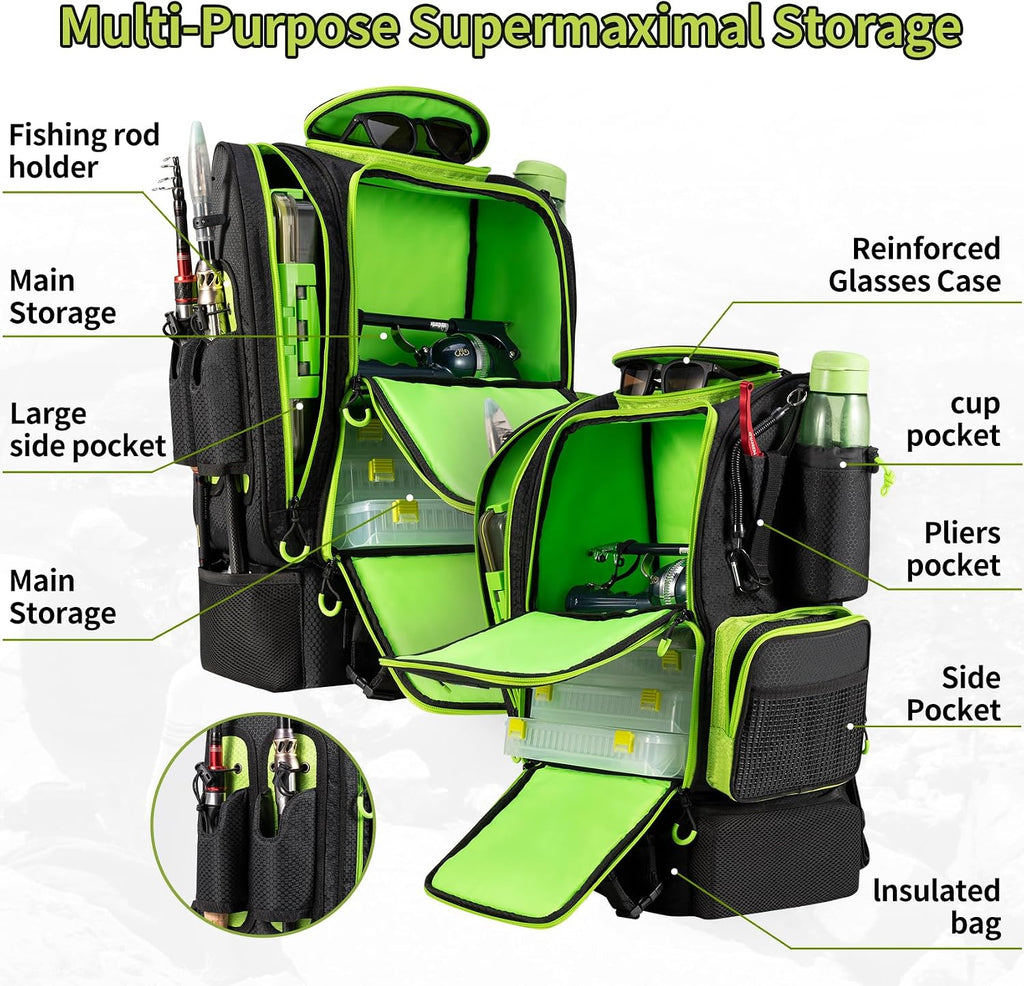 Large Fishing Backpack with Cooler for 3 Tackle Boxes - Fishing Bag with Rod Holders for Camping and Hiking
