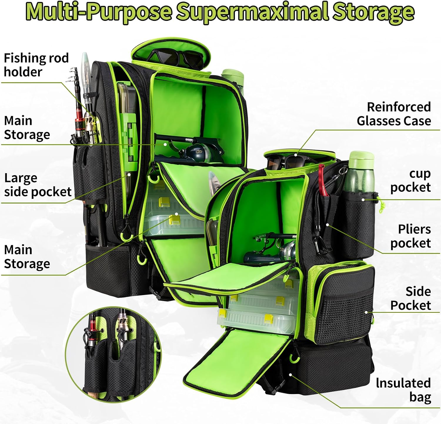Large Fishing Backpack with Cooler for 3 Tackle Boxes - Fishing Bag with Rod Holders for Camping and Hiking