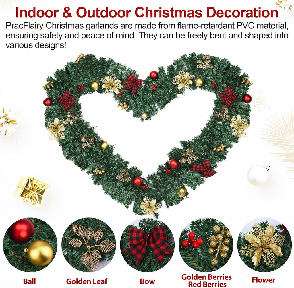 9FT Christmas Garland with Lights, Pre-Lit Garland for Christmas Decorations with, Bows, Berries, Balls, Flowers