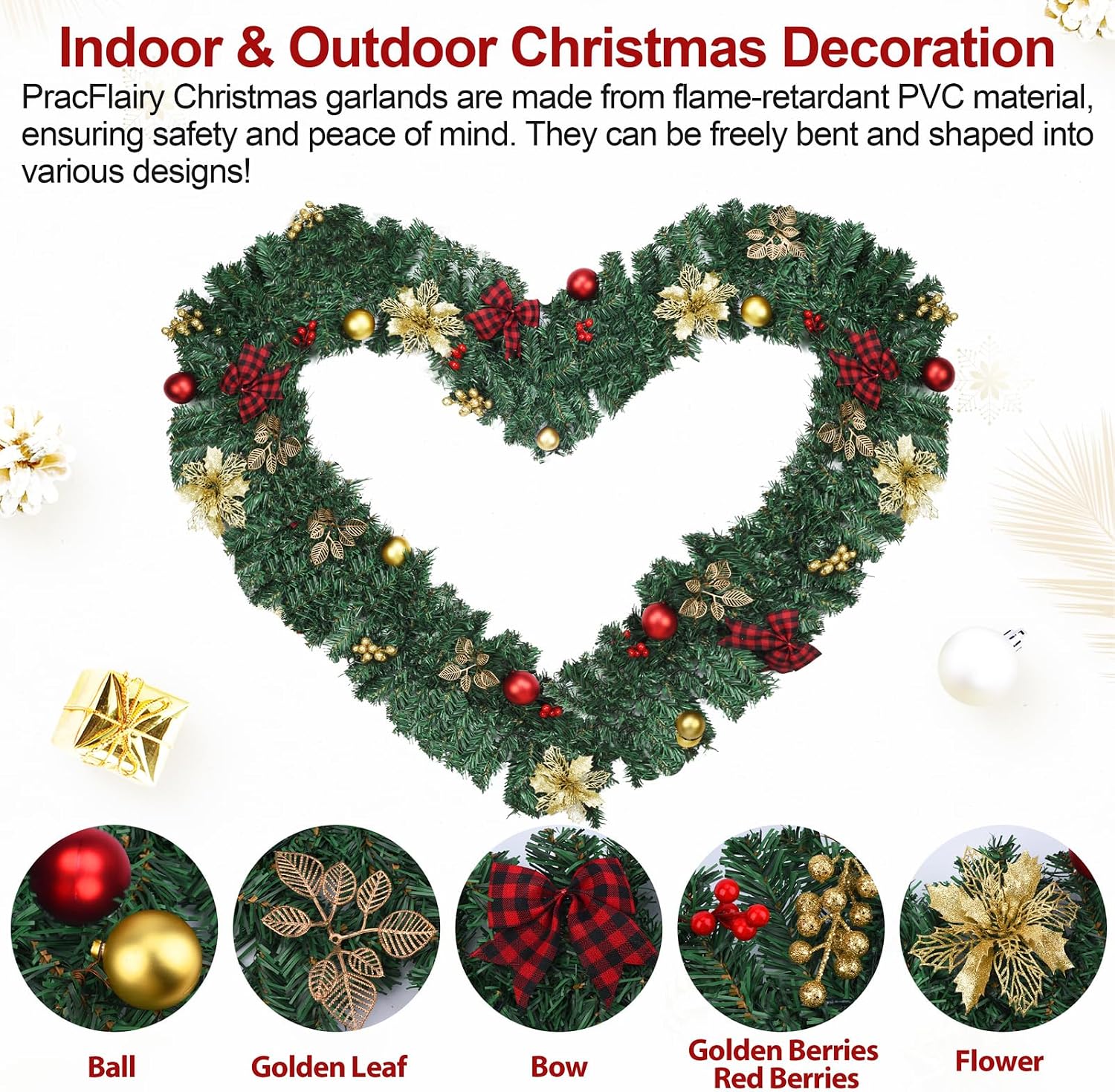 9FT Christmas Garland with Lights, Pre-Lit Garland for Christmas Decorations with, Bows, Berries, Balls, Flowers