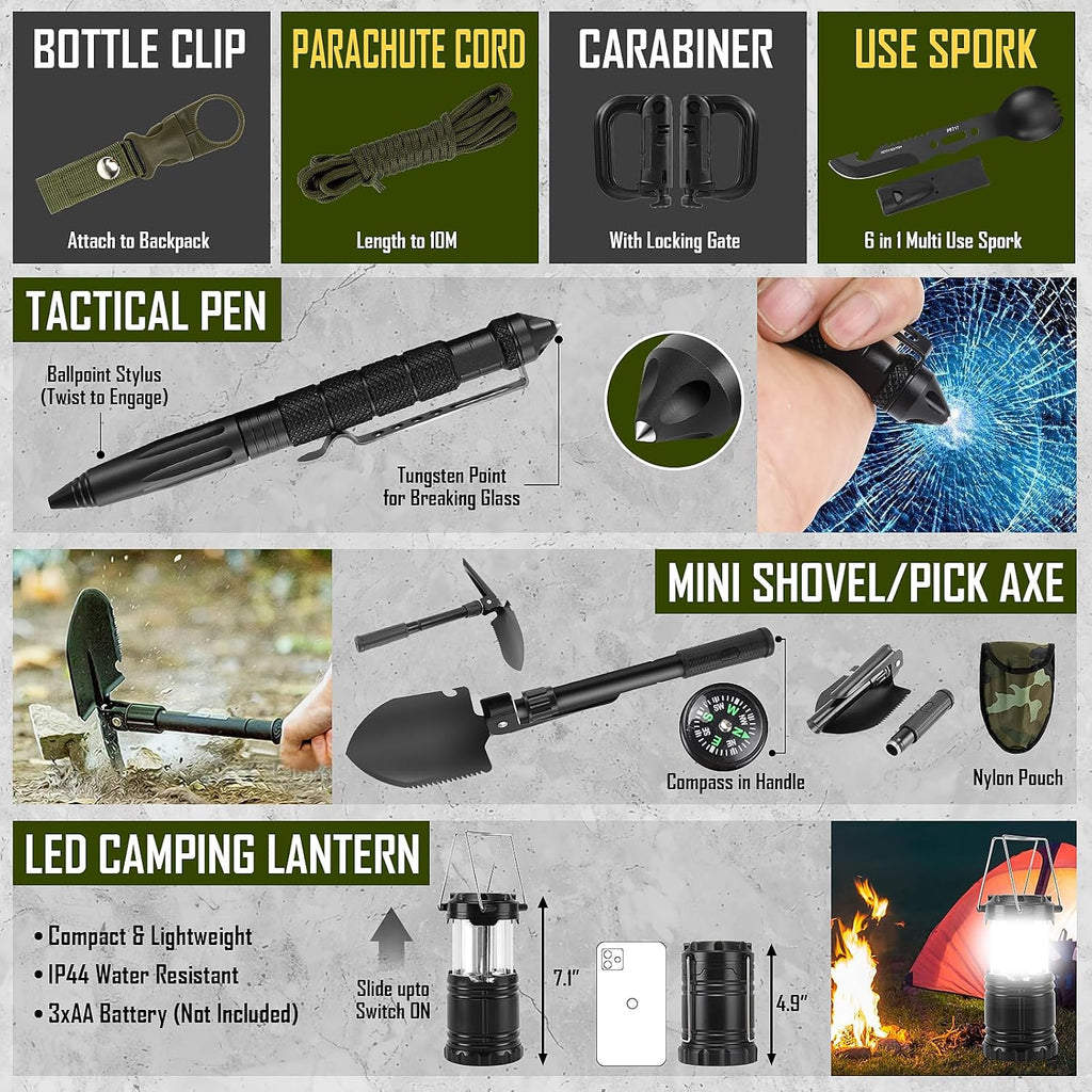 Survival Kit, 268 Pcs Emergency Survival Gear and Equipment Supplies with First Aid Kit, Camping Axe, Headlamp